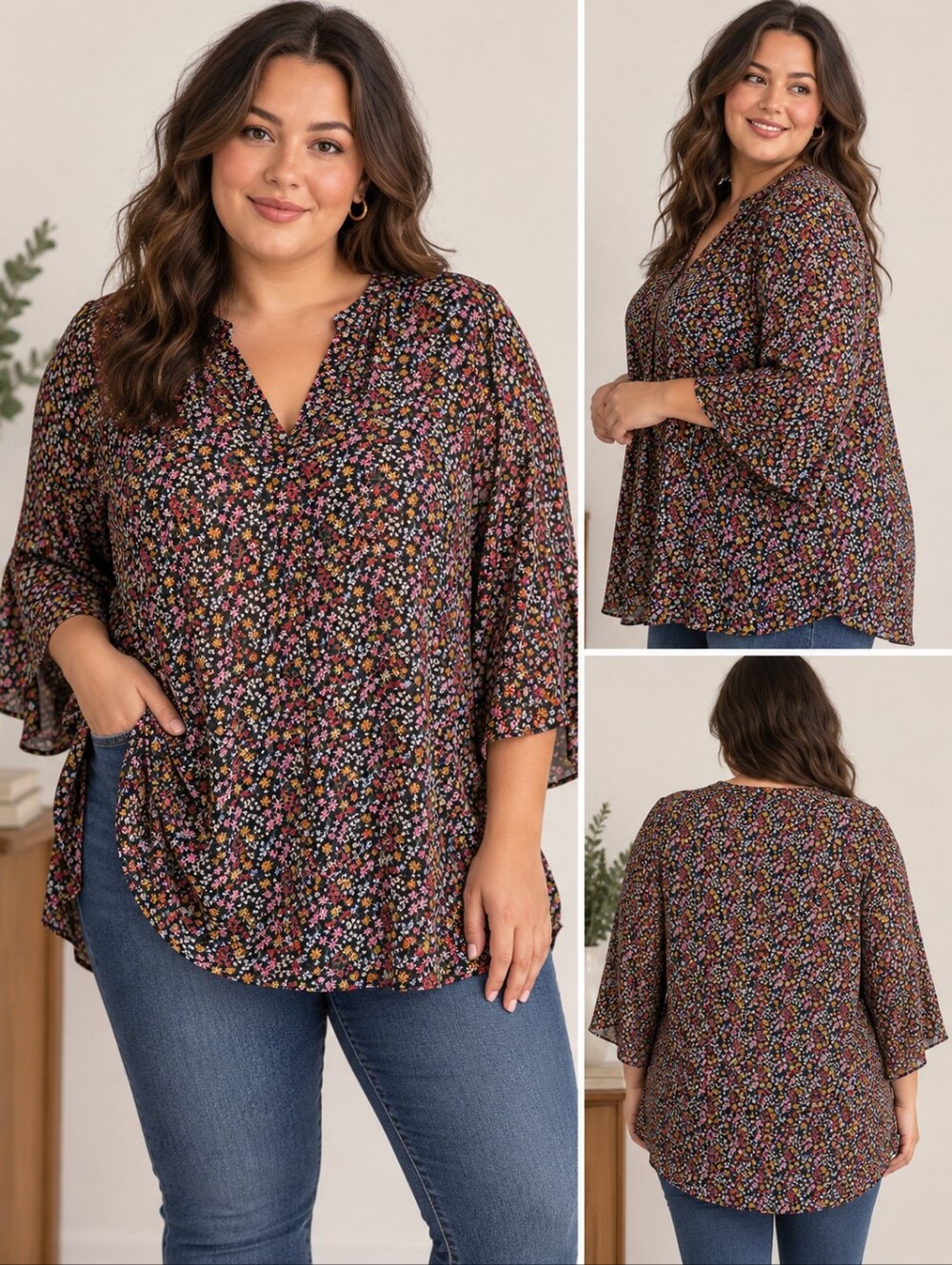 DR2 3X Floral Boho Blouse Bell Sleeve Multicolour Top